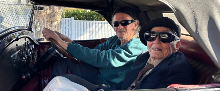 James going for a ride in a hot rod with owner Bruce.jpg James going for a ride in a hot rod with owner Bruce.jpg